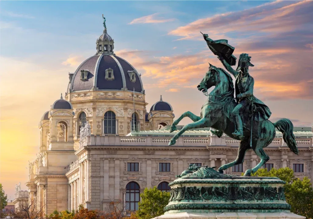 Uma estátua equestre de bronze de um oficial militar em primeiro plano, com um grande museu clássico com cúpula em Viena sob um céu de pôr do sol dramático ao fundo.