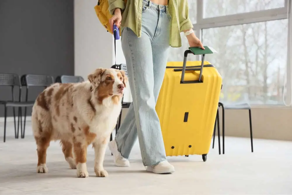 Uma pessoa caminha com um cachorro e uma mala amarela em uma área de espera do aeroporto.