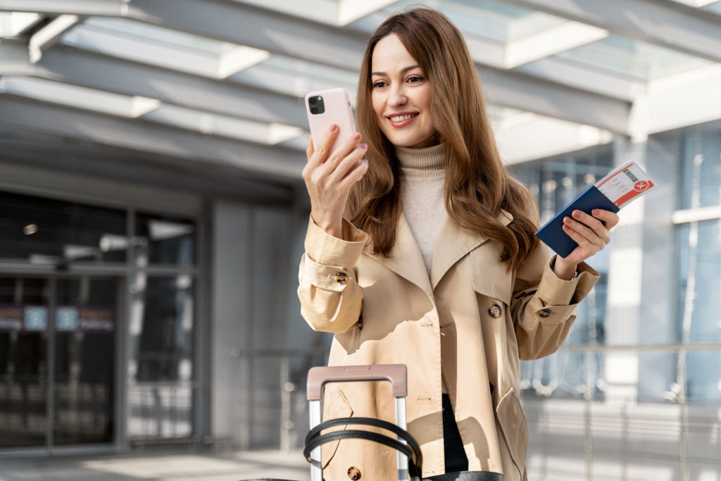 Mulher sorrindo, segurando um smartphone e passagens aéreas em frente a um aeroporto, com uma mala.