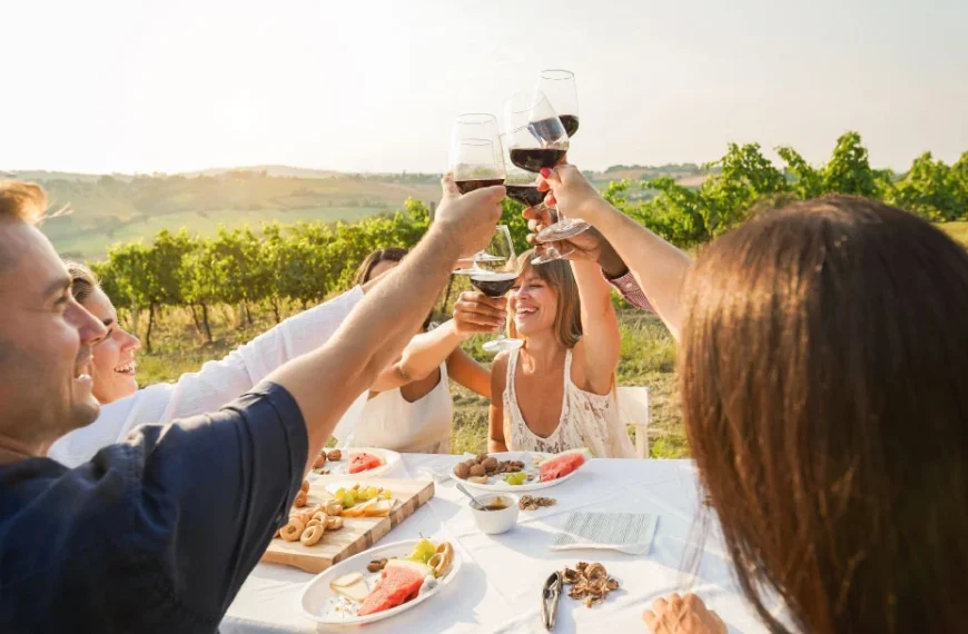 Um grupo de cinco amigos, quatro mulheres e um homem, brindando com taças de vinho tinto em uma mesa de jantar ao ar livre. Eles estão sorrindo e celebrando em um dia ensolarado, com um vinhedo verde exuberante e colinas ao fundo. A mesa está posta com pratos de comida, incluindo frutas, queijo e nozes. A cena evoca um sentimento de alegria e convívio