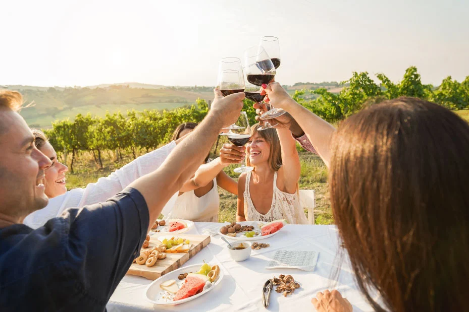 Um grupo de cinco amigos, quatro mulheres e um homem, brindando com taças de vinho tinto em uma mesa de jantar ao ar livre. Eles estão sorrindo e celebrando em um dia ensolarado, com um vinhedo verde exuberante e colinas ao fundo. A mesa está posta com pratos de comida, incluindo frutas, queijo e nozes. A cena evoca um sentimento de alegria e convívio
