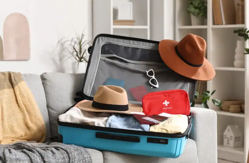Maleta de viagem com roupas, chapéus e itens de proteção para viagem segura.
