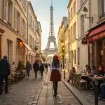 Rua parisiense com pessoas, cafés e Torre Eiffel ao fundo.