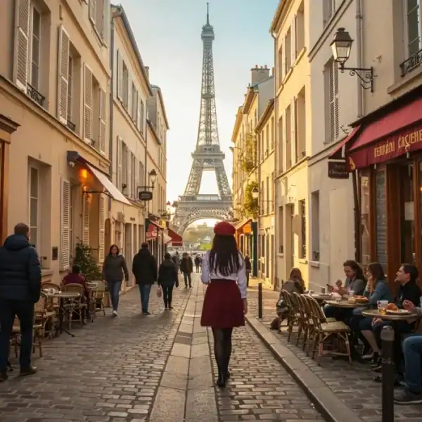 Rua parisiense com pessoas, cafés e Torre Eiffel ao fundo.