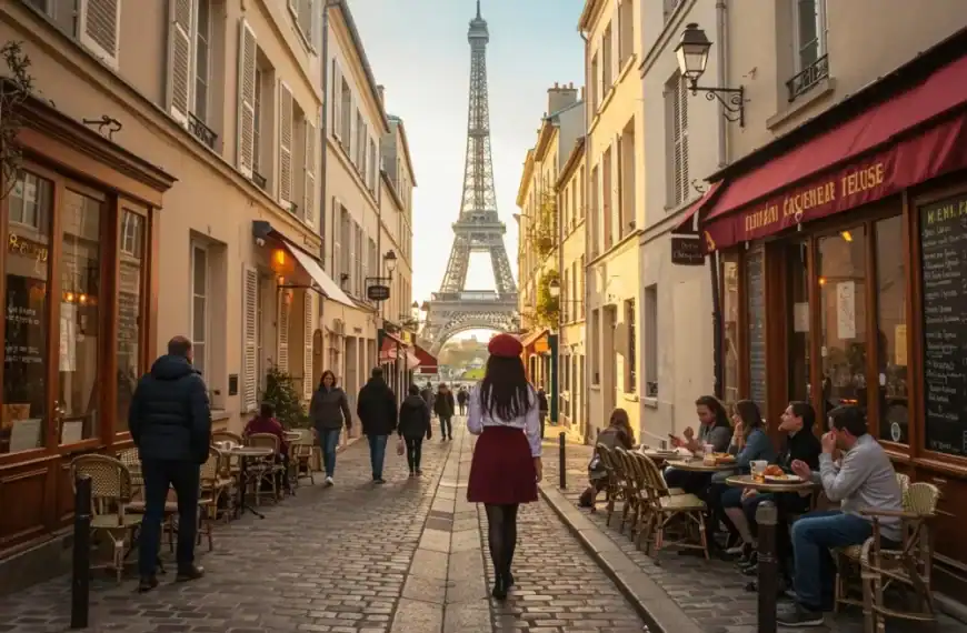Rua parisiense com pessoas, cafés e Torre Eiffel ao fundo.