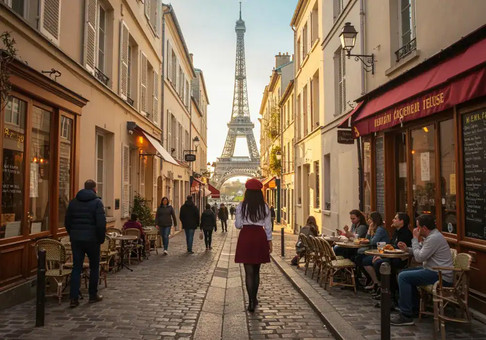 Rua parisiense com pessoas, cafés e Torre Eiffel ao fundo.