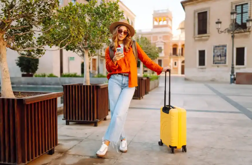 Mulher turista caminhando por uma praça de arquitetura histórica europeia ao entardecer, usando chapéu, óculos de sol, blusa laranja e calça jeans clara. Ela segura um smartphone enquanto apoia a mão em uma mala amarela de rodinhas. Ao redor, há árvores em grandes jardineiras de madeira e edifícios de fachada clara ao fundo, iluminados pela luz dourada do fim do dia.