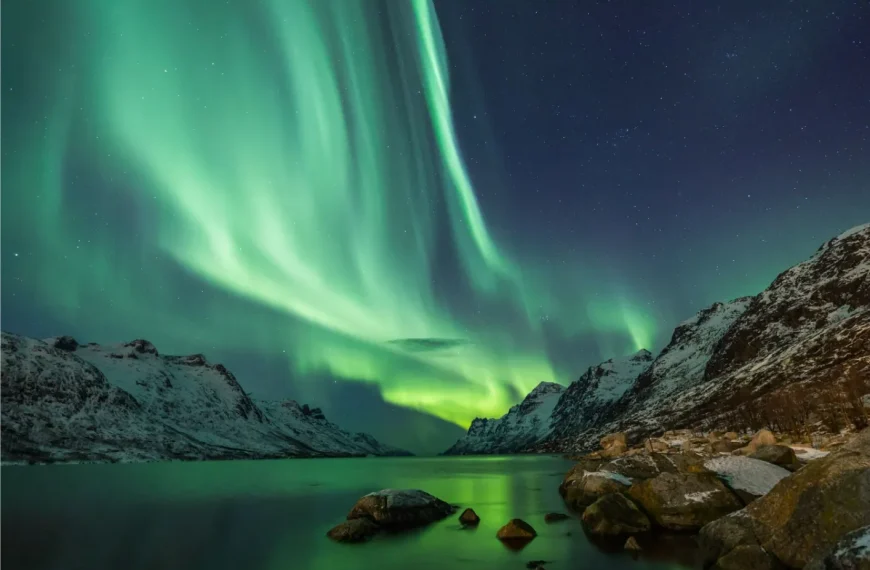 Vibrante aurora boreal verde sobre montanhas nevadas e um fiorde, com reflexos na água e rochas no primeiro plano.